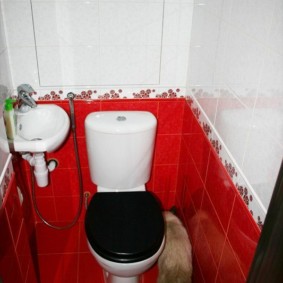 Red tiles in a small toilet