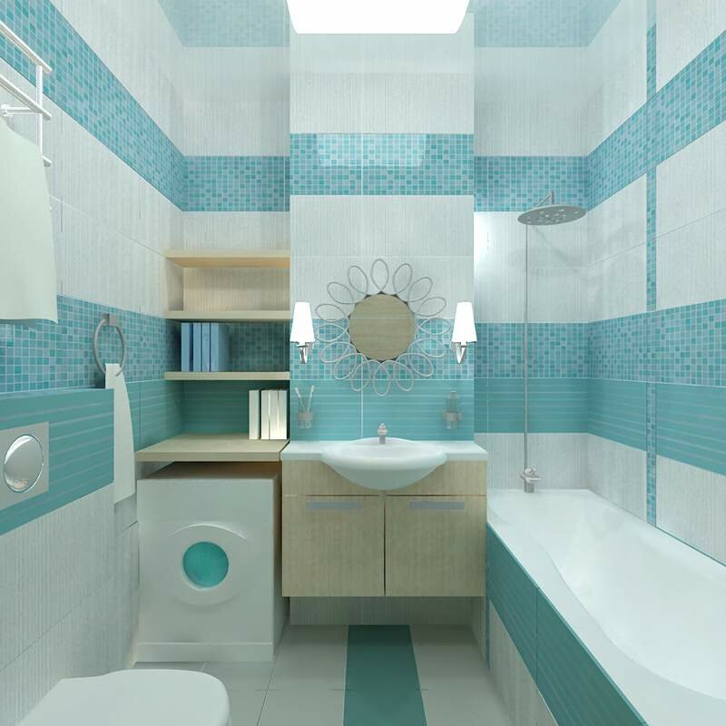 Pequeños azulejos de color turquesa en la pared de un baño compacto