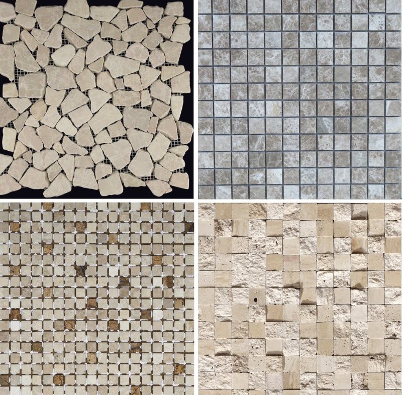 Variedades de mosaicos de piedra para la decoración del baño.