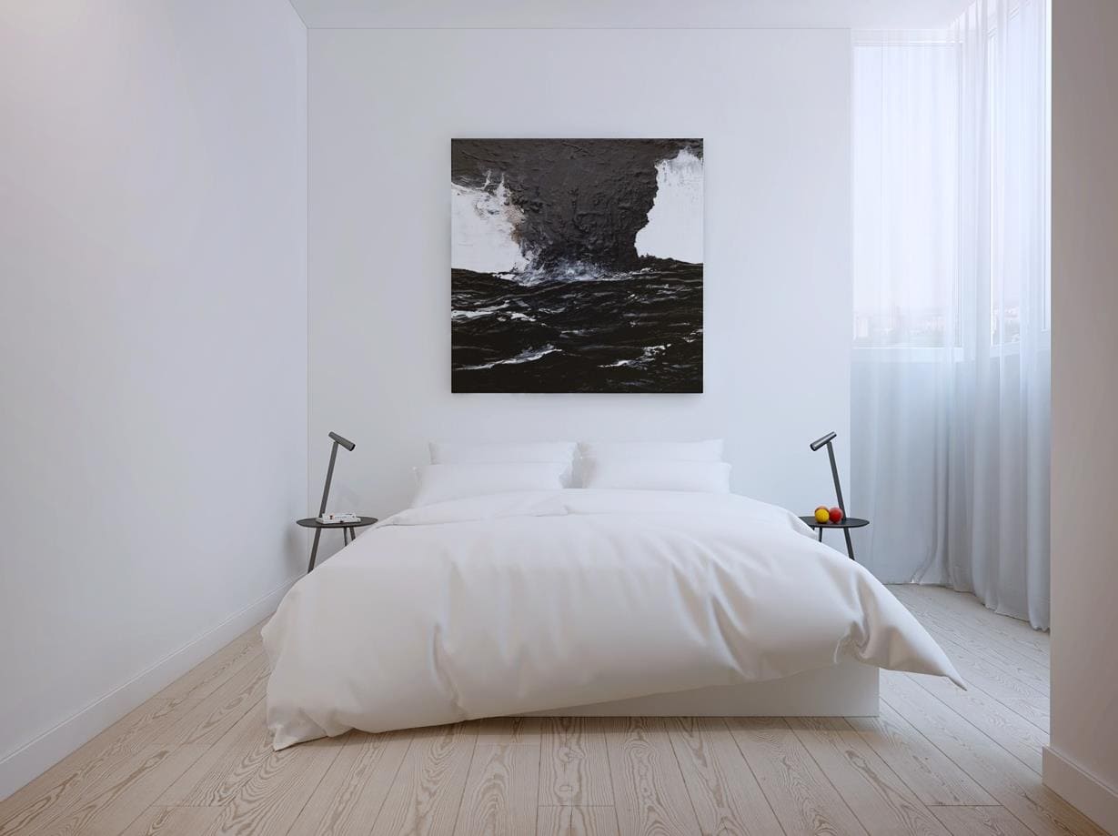 minimalista stílusú hálószoba képpel