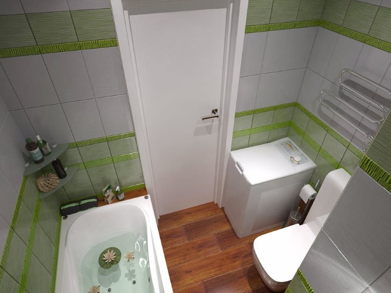 Brown wood floor in a small bathroom