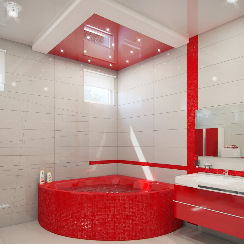 Sarkanā mozaīka vannas istabā ar baltām flīzēm