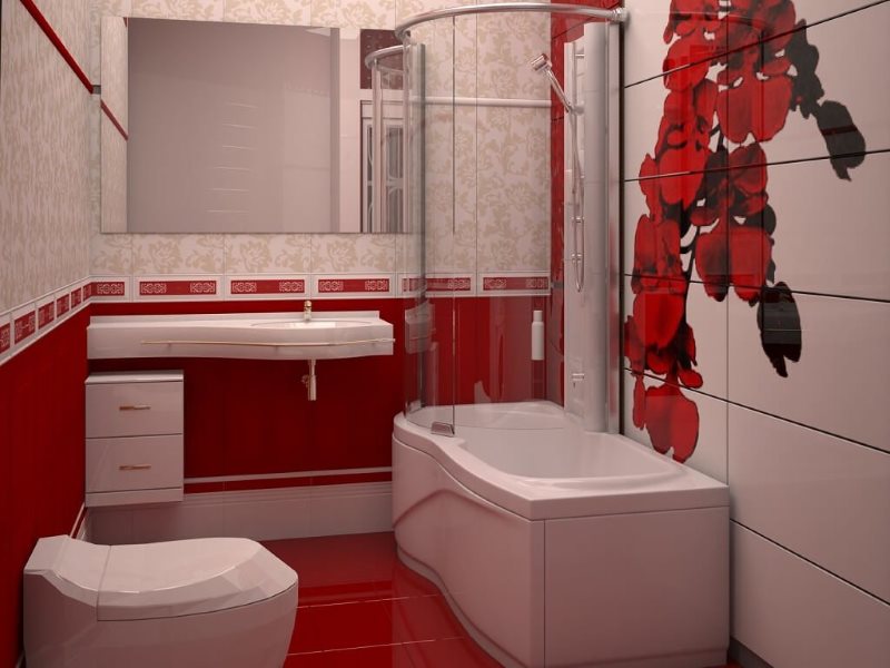 Kırmızı zeminli banyoda duşlu küçük banyo