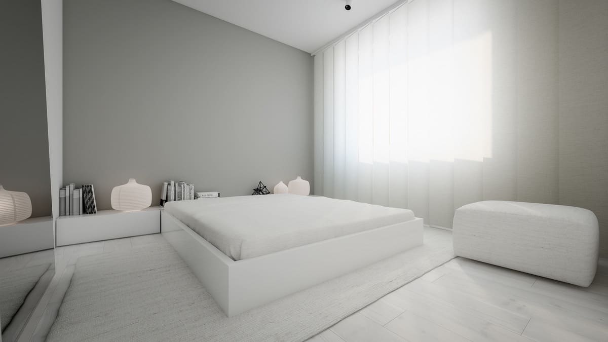 minimalistinis baltas miegamasis