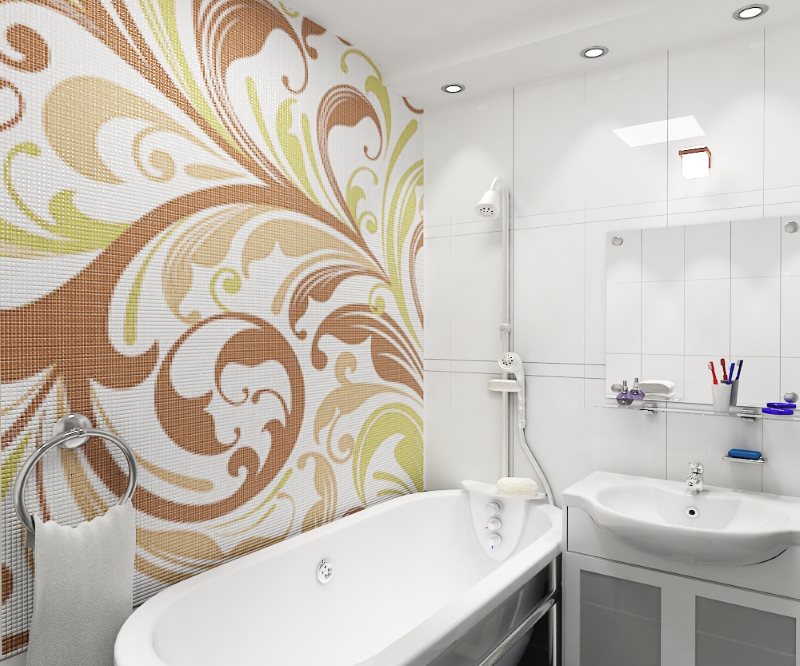 Diseño de baño con paneles de mosaico en la pared.