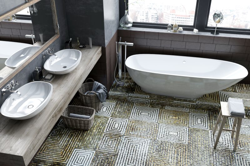 Mosaic floor in the bathroom with two washbasins
