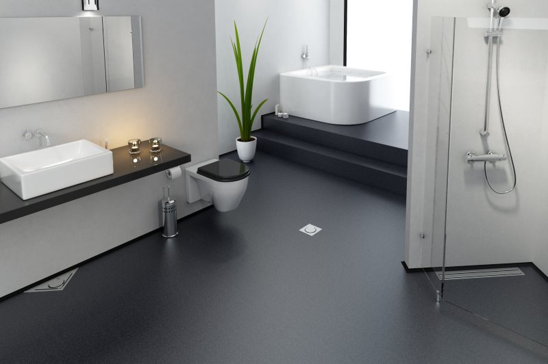 Gray bulk bathroom floor with white walls