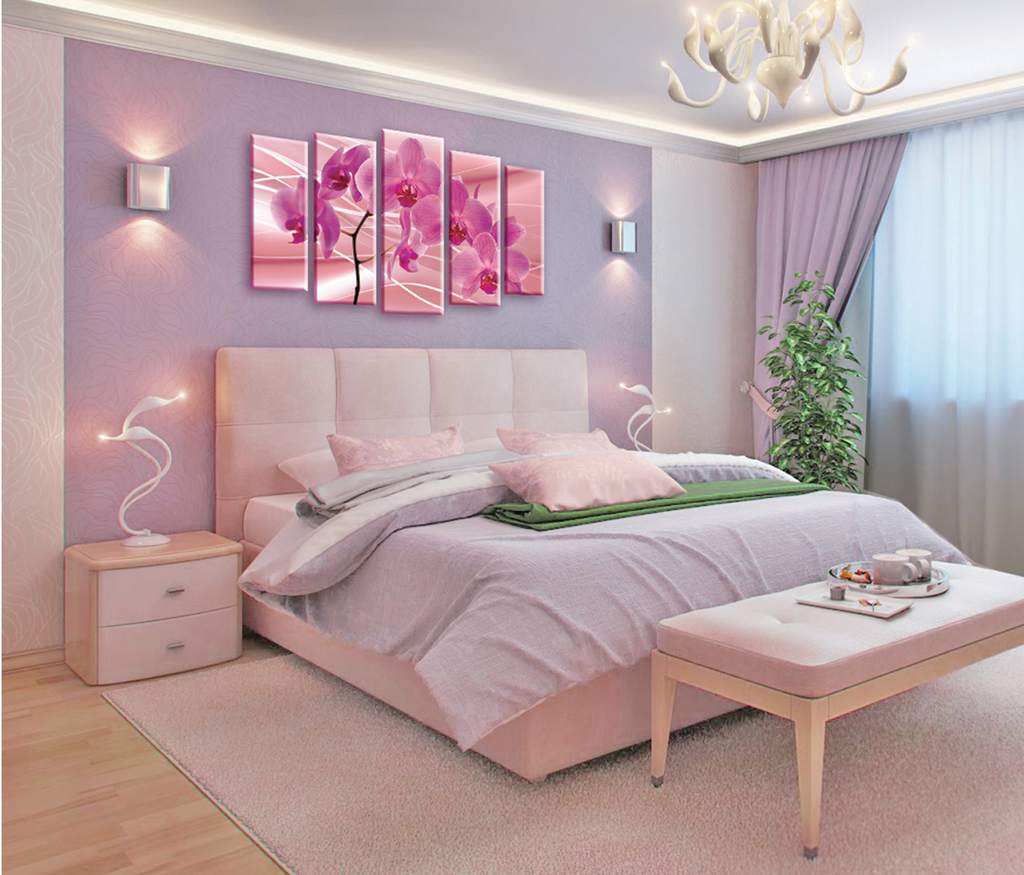 Fen Šui guļamistabas interjers ar orhidejām