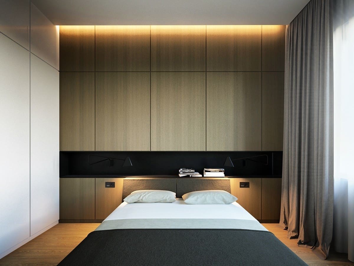 minimalizmo miegamojo apšvietimas