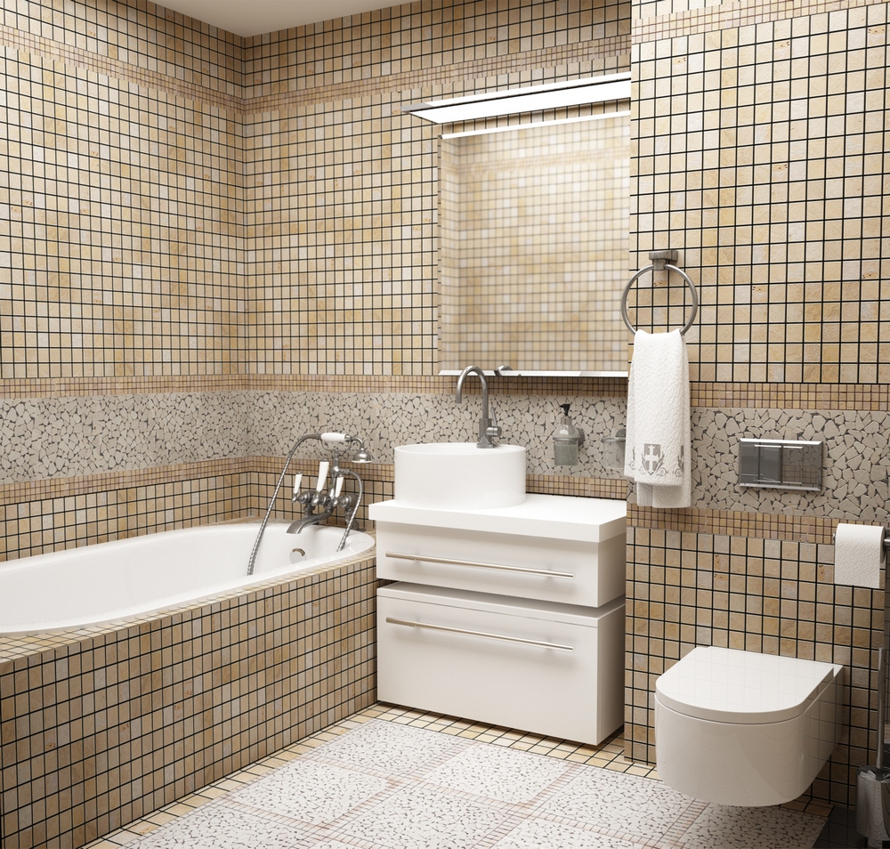 Balts sanitārtehnikas izstrādājums apvienotajā vannas istabā ar mozaīkas apdari