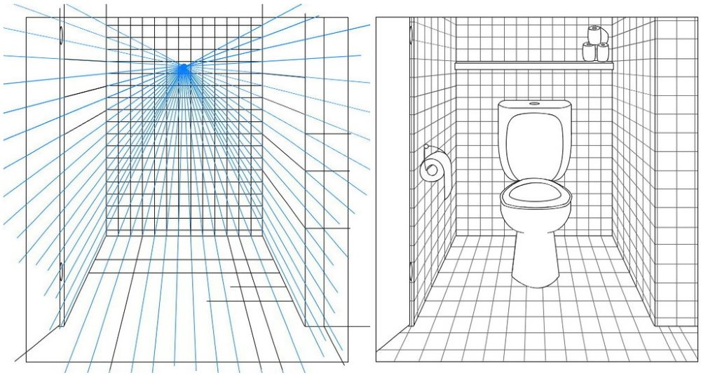 Perspektívny náčrt malej toalety v byte