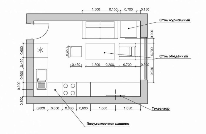 Indeling van een keuken-woonkamer met een hoekset