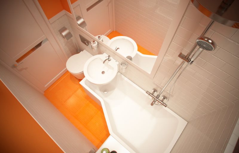 Projekt łazienki o powierzchni 2 m2 z pomarańczową podłogą