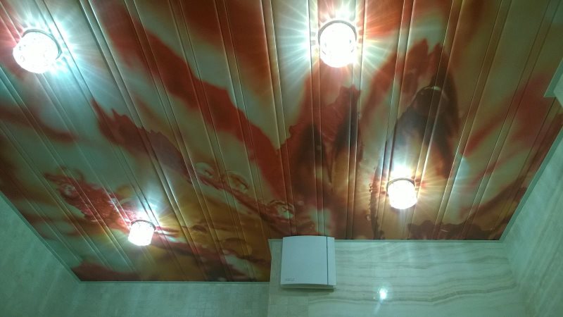 Plafond à lattes avec impression photo réaliste sur le plafond de la salle de bain