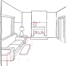 Tekening kleine details van het interieur van de keuken-woonkamer