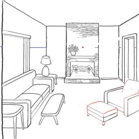 Tekening van een woonkamer keuken met bank en fauteuil