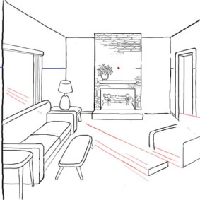 Potloodtekening van een keuken-woonkamer in perspectief