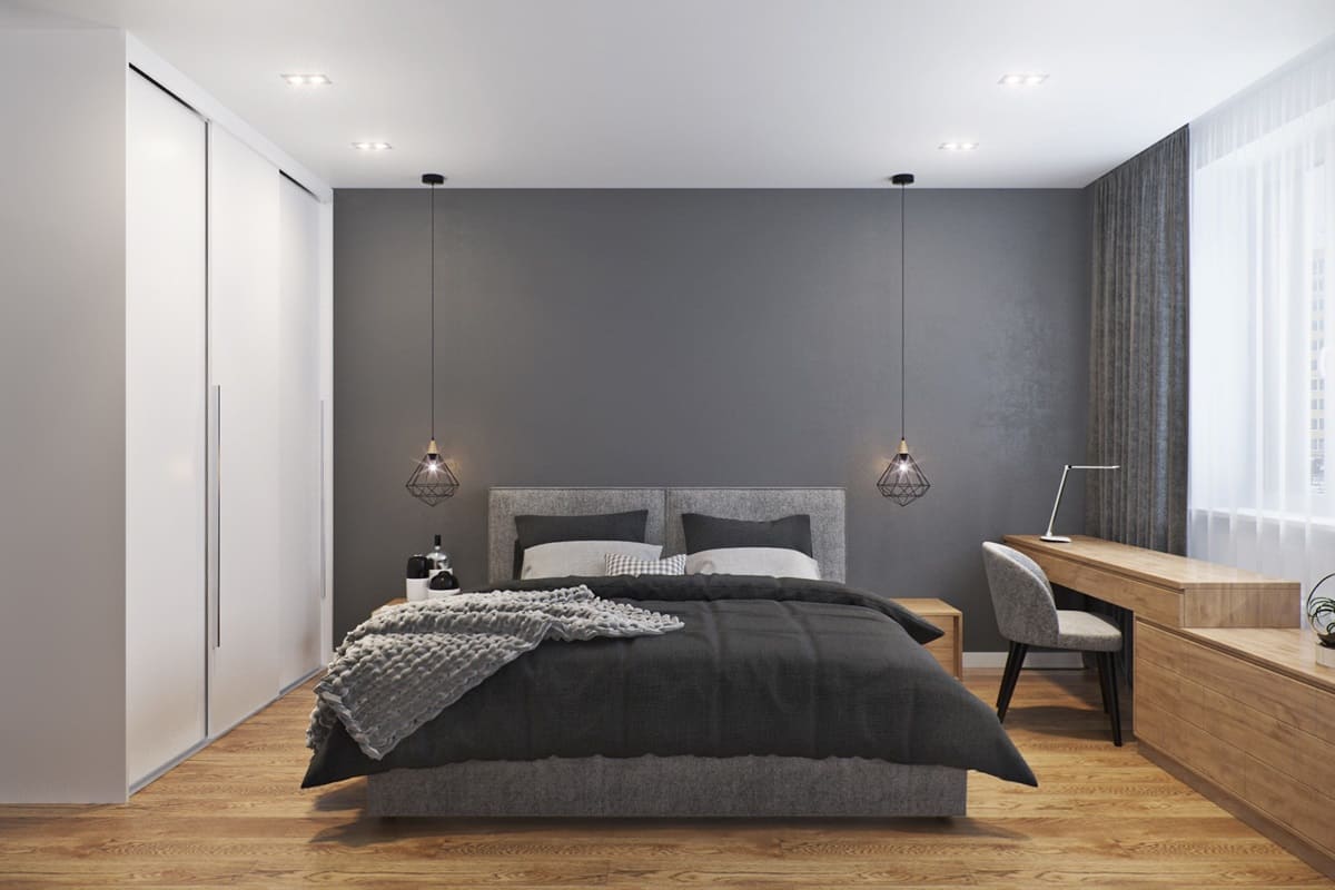 minimalistinis miegamasis su drabužių spinta