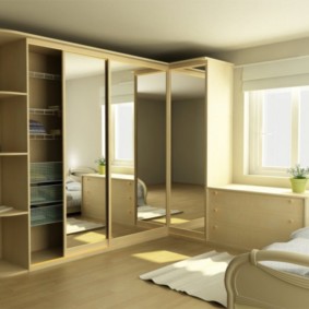 dormitor cu dulap de colț cu oglinzi