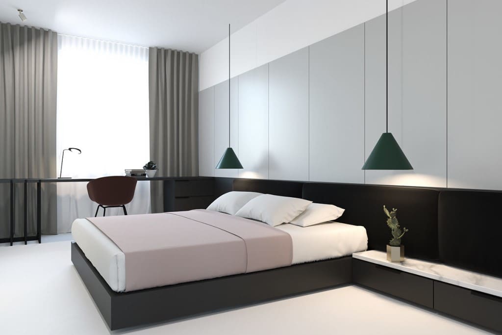 minimalismi makuuhuoneen valokuvien sisustus
