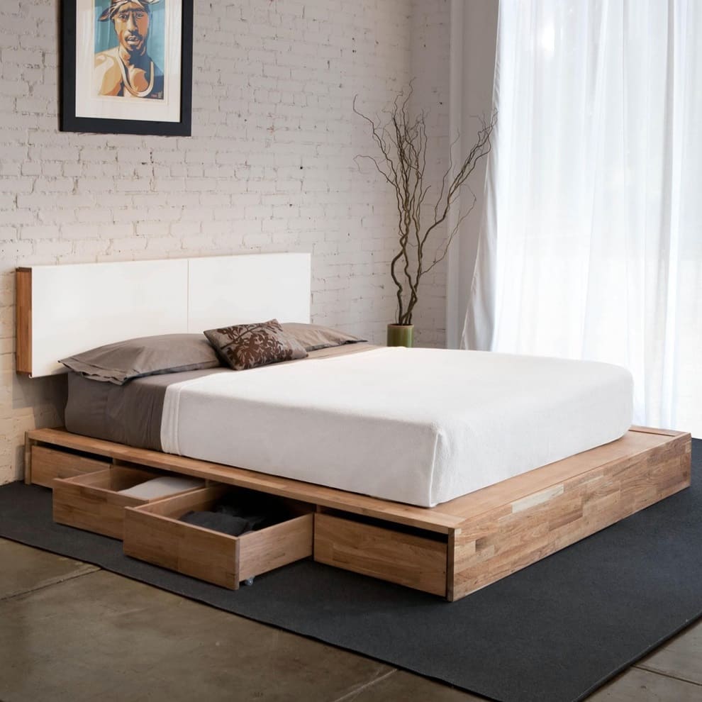 minimalistisk sovrum med fotovyer
