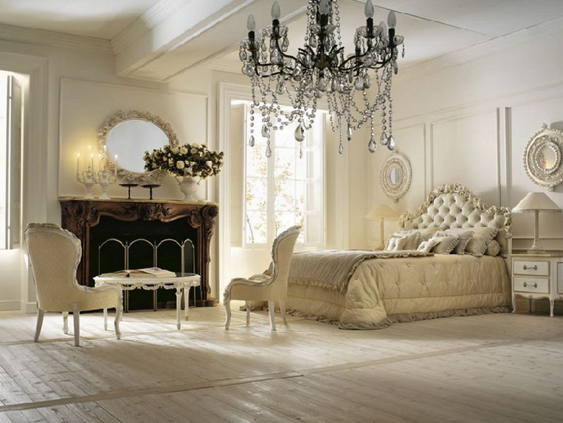 neoklasicisma guļamistabas dekoru skati