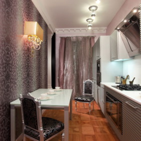 Narrow kitchen with vinyl wallpaper