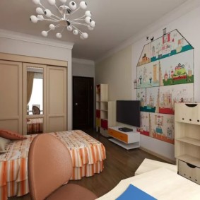 bedroom and children's room in one room photo