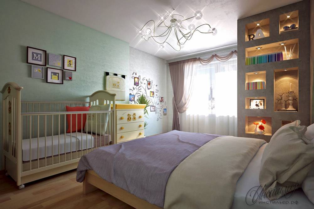 phòng ngủ và phòng trẻ em trong một ý tưởng phòng