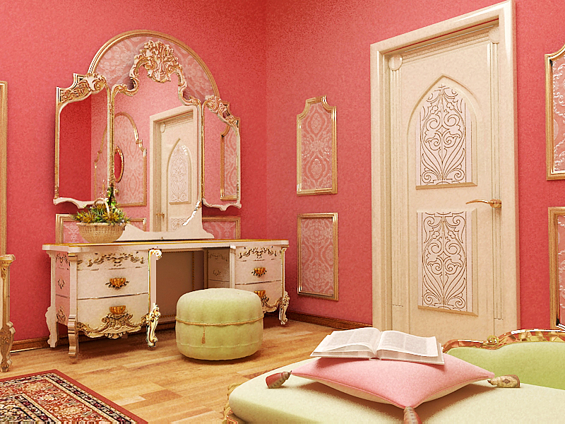 Pink walls of a bedroom