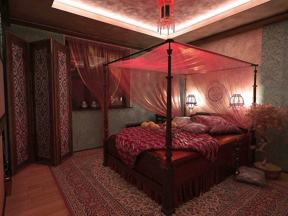 Four-poster bed in the bedroom with carpet