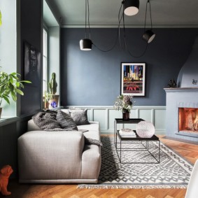 Living room interior with gray walls.