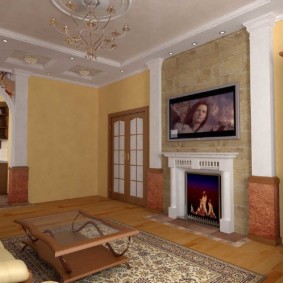 Ang disenyo ng living room na may fireplace sa dingding