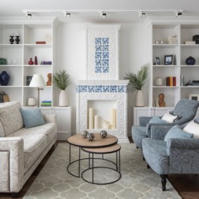 Open shelving in a bright living room