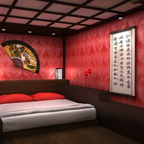 Red silk screen wallpaper on bedroom wall