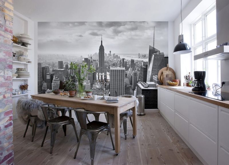 Praktische keuken met fotobehang aan de muur