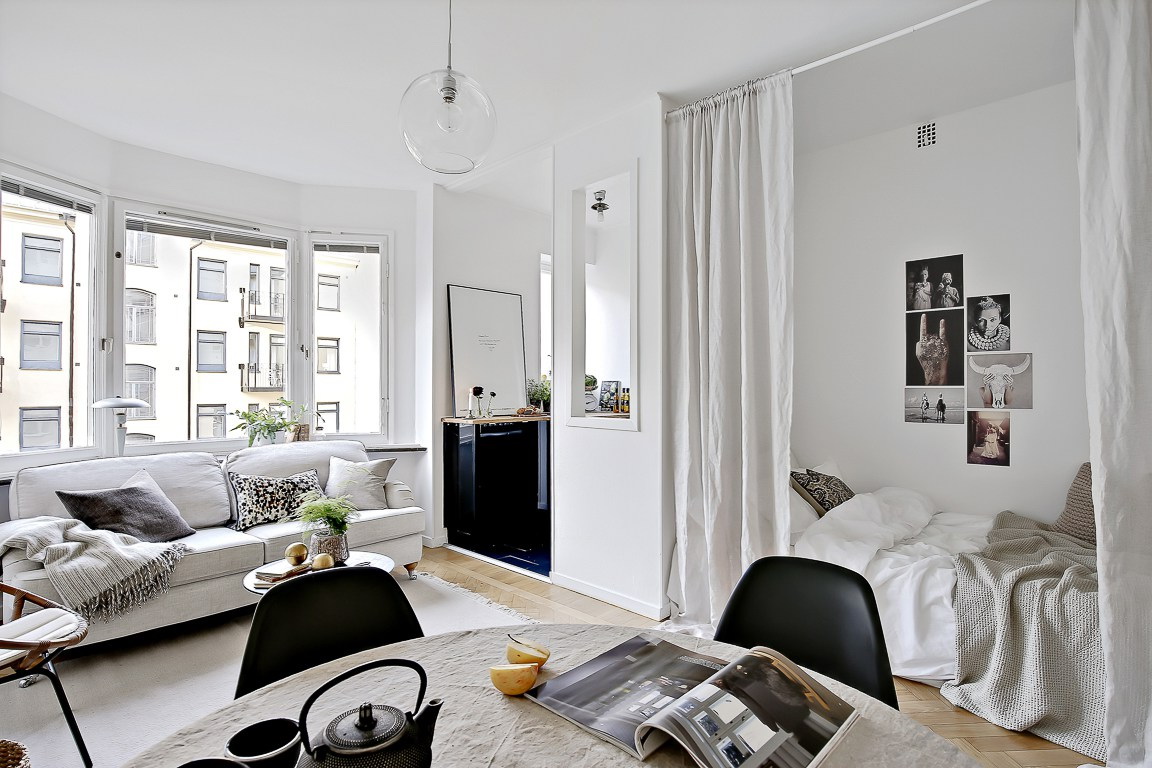 дневни боравак и спаваћа соба у истој соби дизајн фотографије