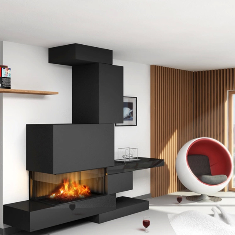 Black fireplace in a high-tech style living room
