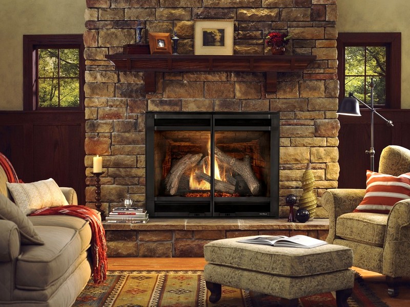 Stone hearth in a chalet-style living room