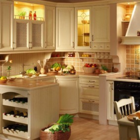 Illumination of cabinets in a rustic kitchen