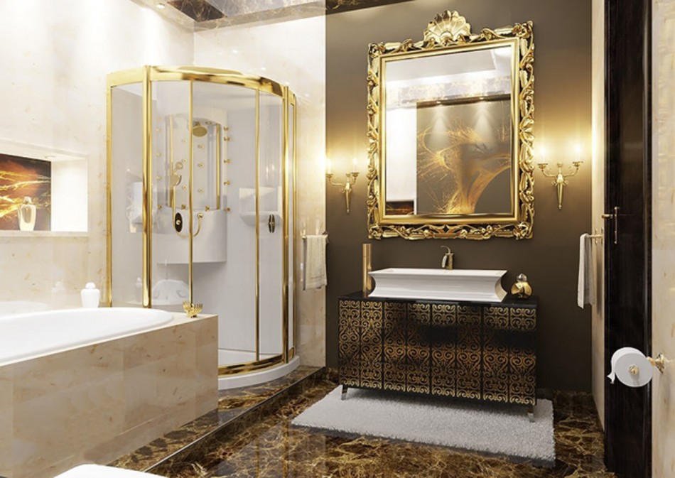 Khung gương mạ vàng trong phòng tắm