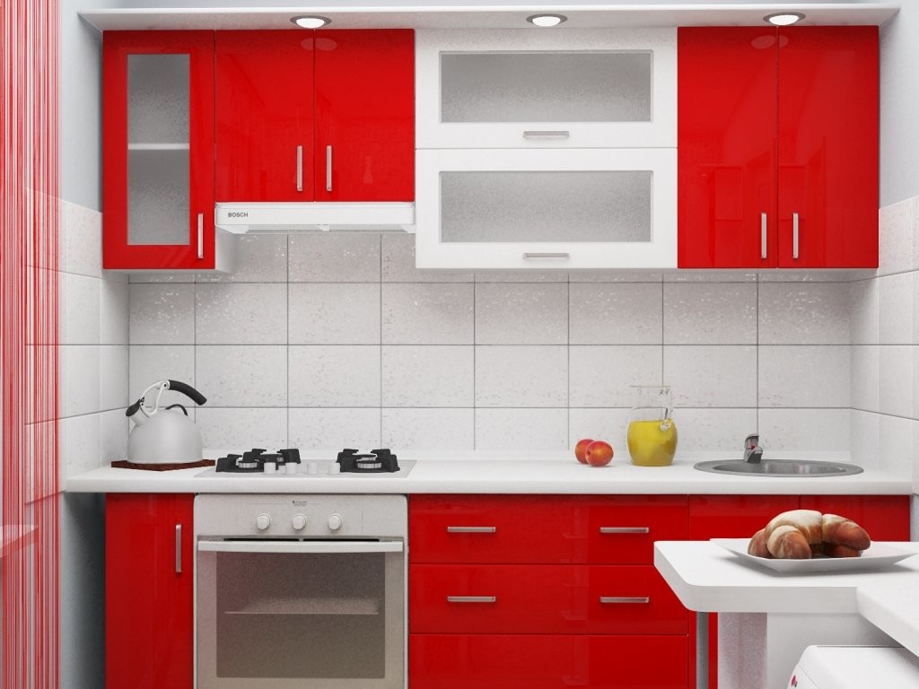Balts priekšauts virtuvē ar sarkanu komplektu