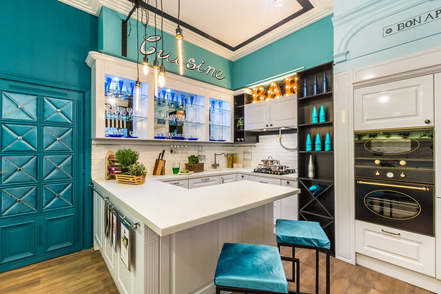 kitchen set with a bar counter decor