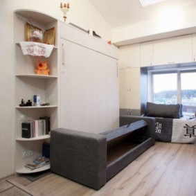 studio apartment with a bed and a sofa