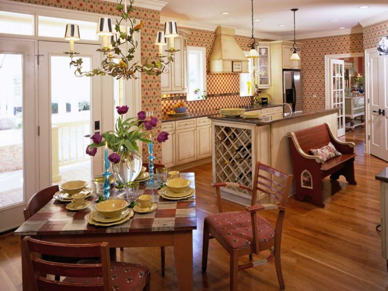 Wooden dining group in the country style kitchen