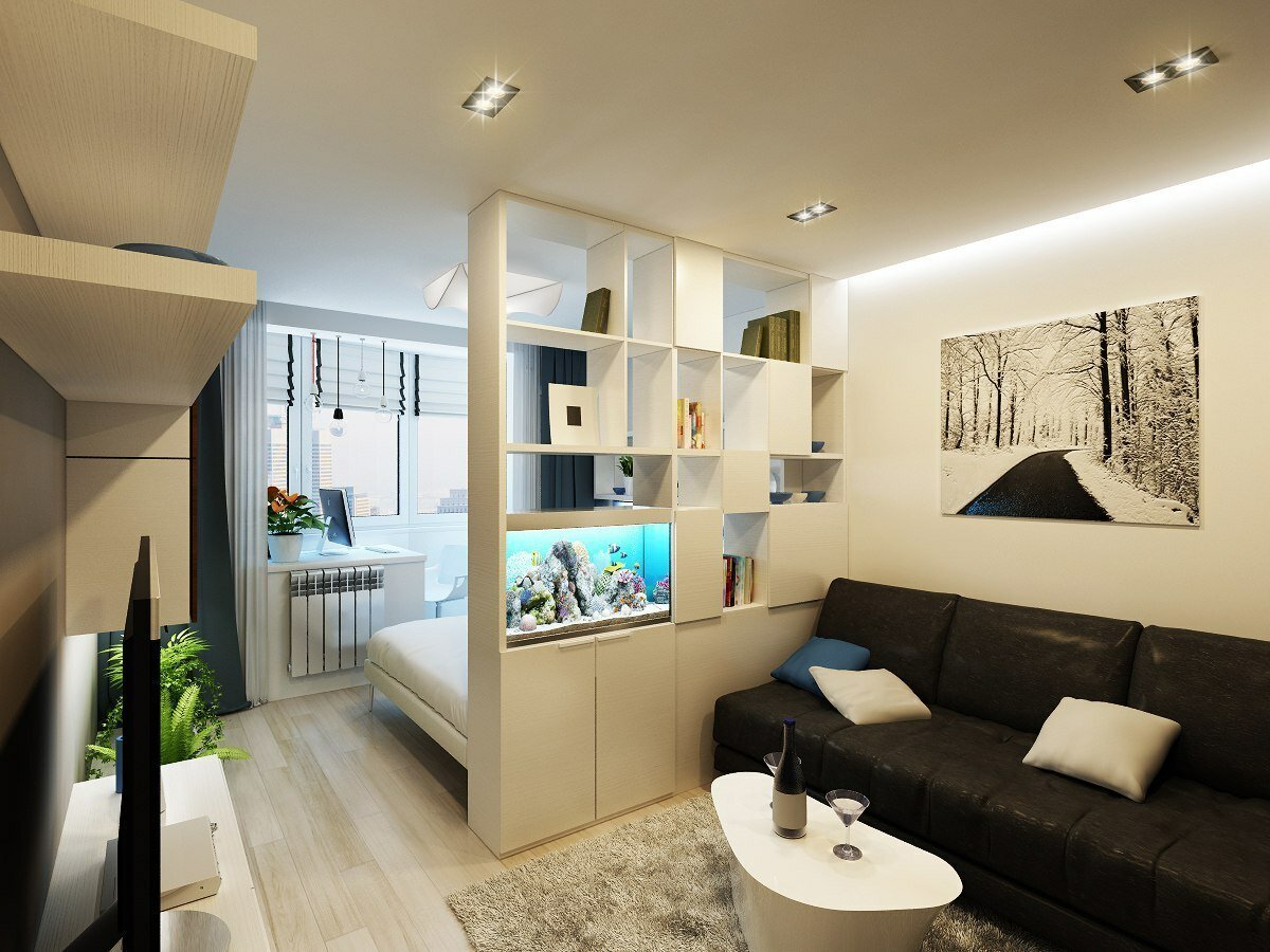 studio apartment with a bed and a sofa design