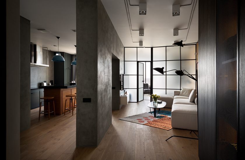 studio apartment sa isang loft style interior na ideya