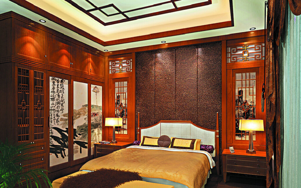 Design of a bedroom with expensive wooden furniture