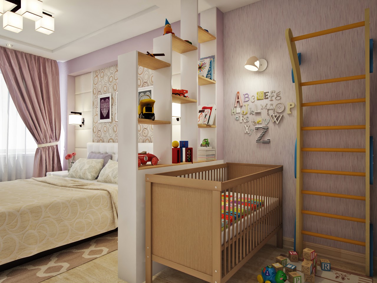 guļamistabas un bērnu foto dekorēšana vienā istabā