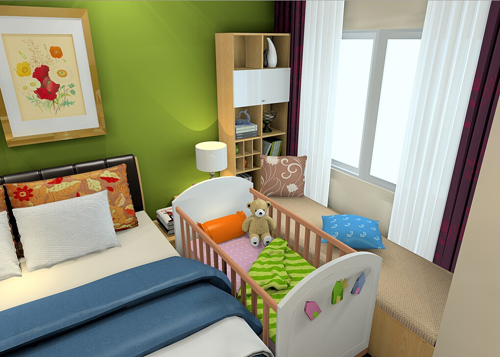 bedroom and children's room in one room photo